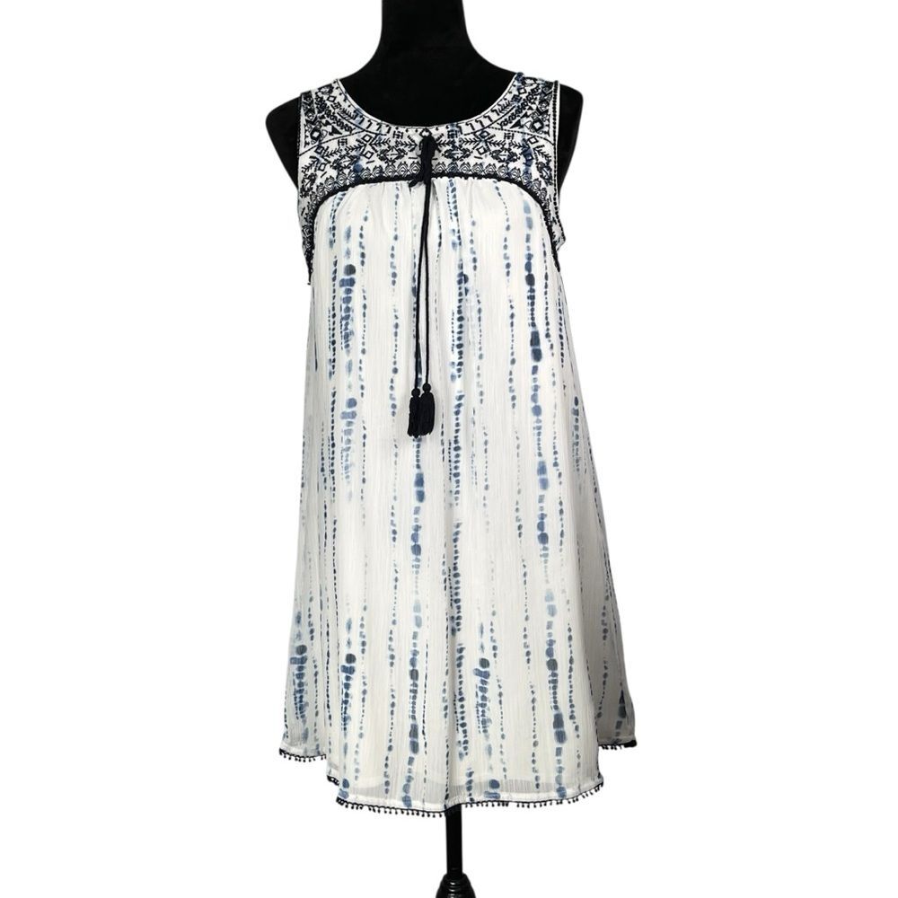 Knox Rose Blue White Dress Sleeveless Tie-Dye Sheer Top Lined Keyhole Back Boho
